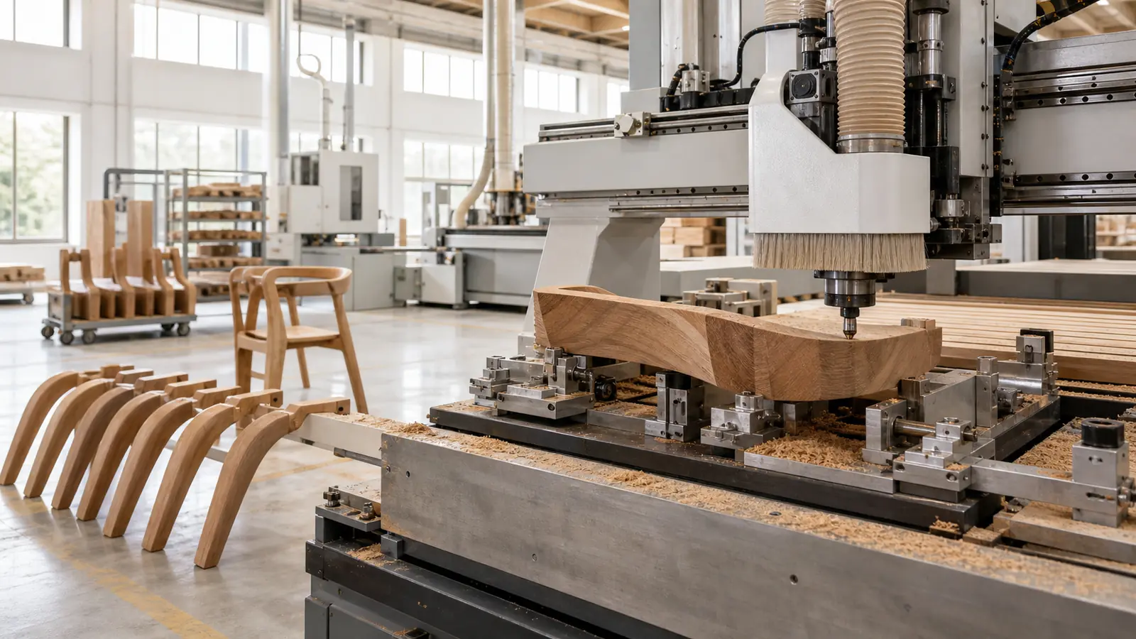 CNC machining curved solid wood furniture components in a bright modern factory