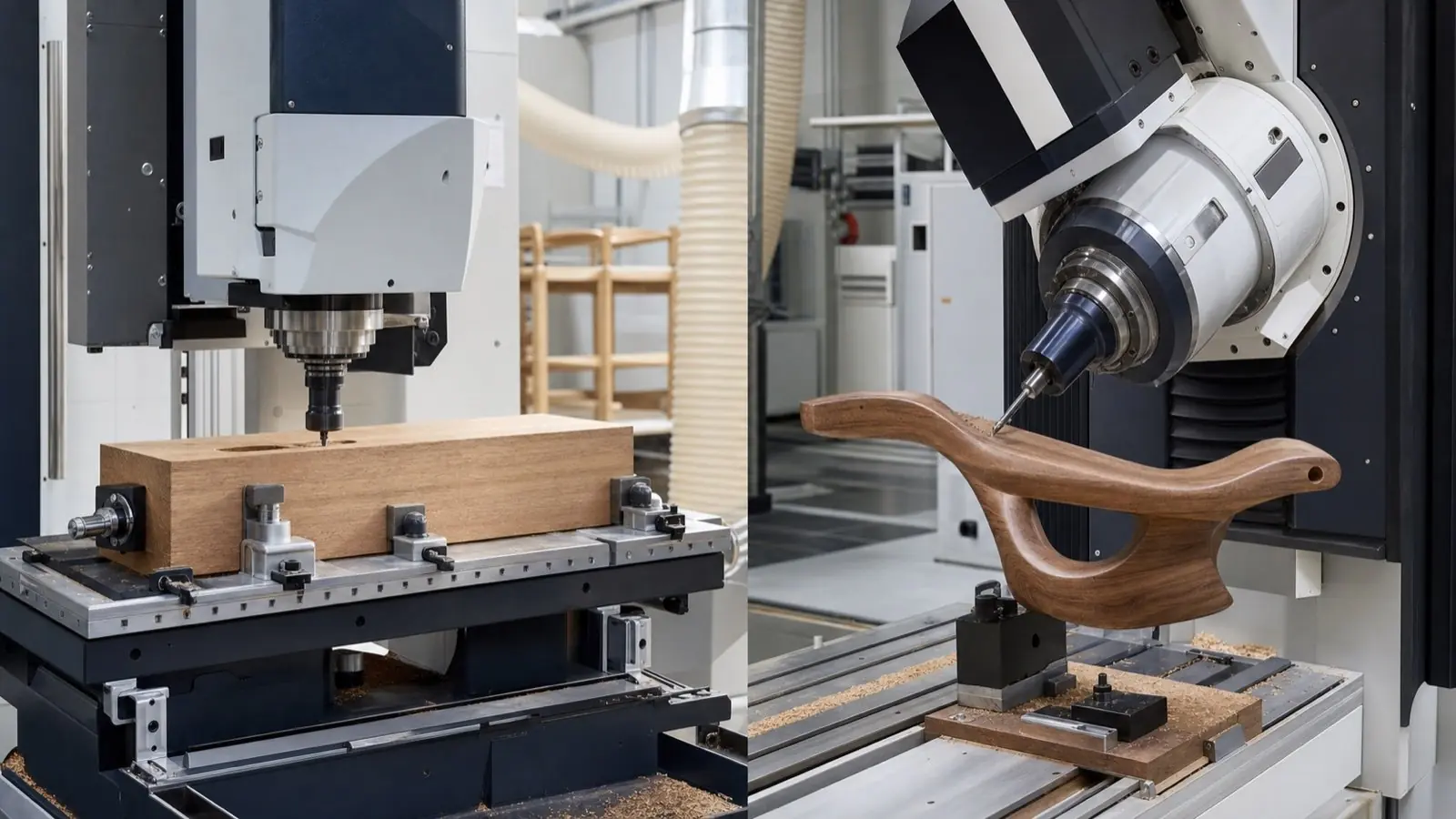 Five-side and five-axis CNC woodworking machines compared in a factory