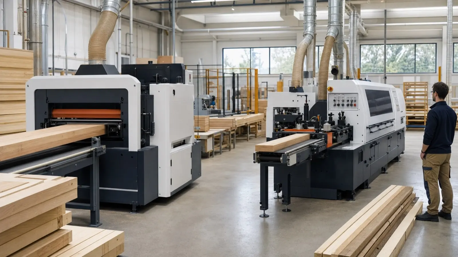 Double-side planer and ماكينة تشكيل رباعية الجوانب compared in a solid wood factory
