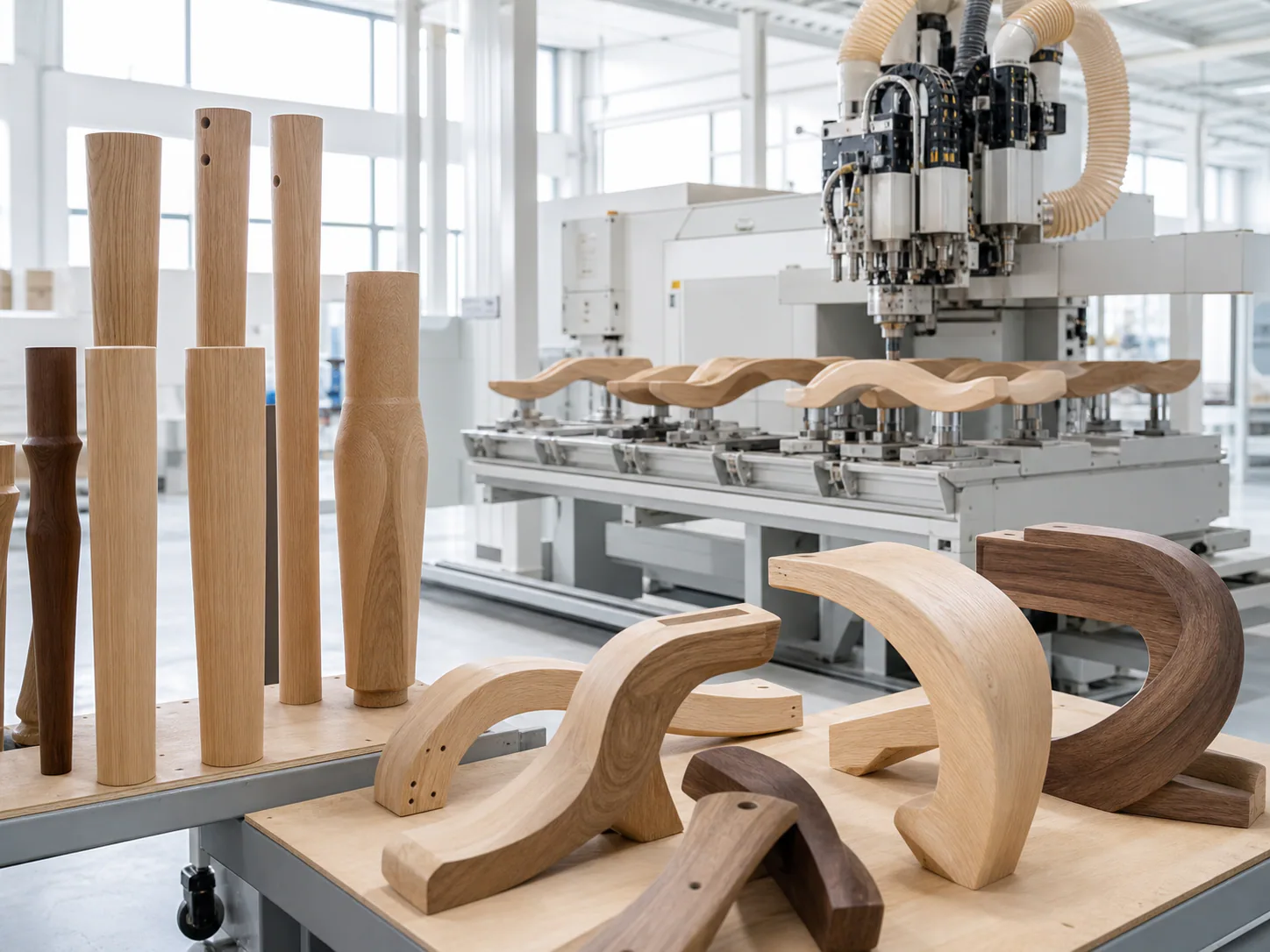 CNC machining of table legs and curved solid wood furniture components