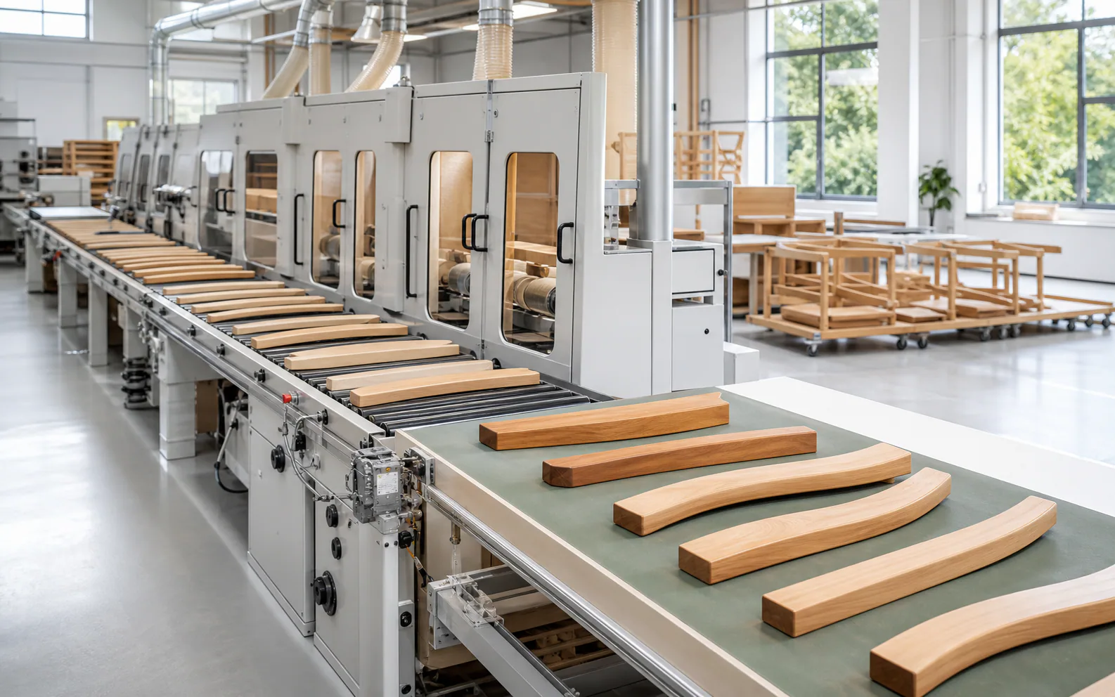 Automated sanding line for straight and curved solid wood furniture parts